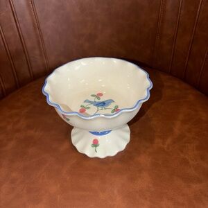 hand painted Pedastle bowl blue scalloped bird Floral motif Country Cottage